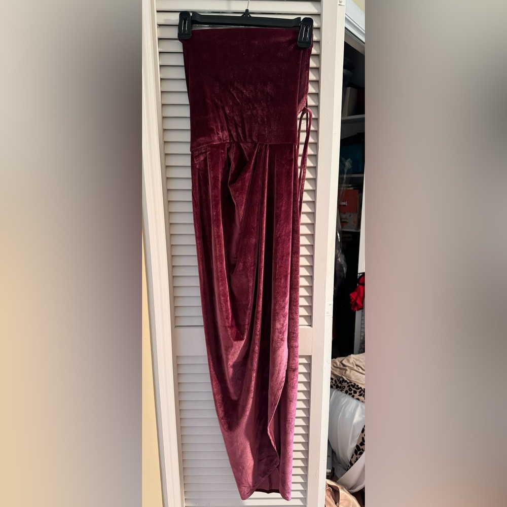 Purple/pink velvet scoop neck strapped dress with cross over slit in the front